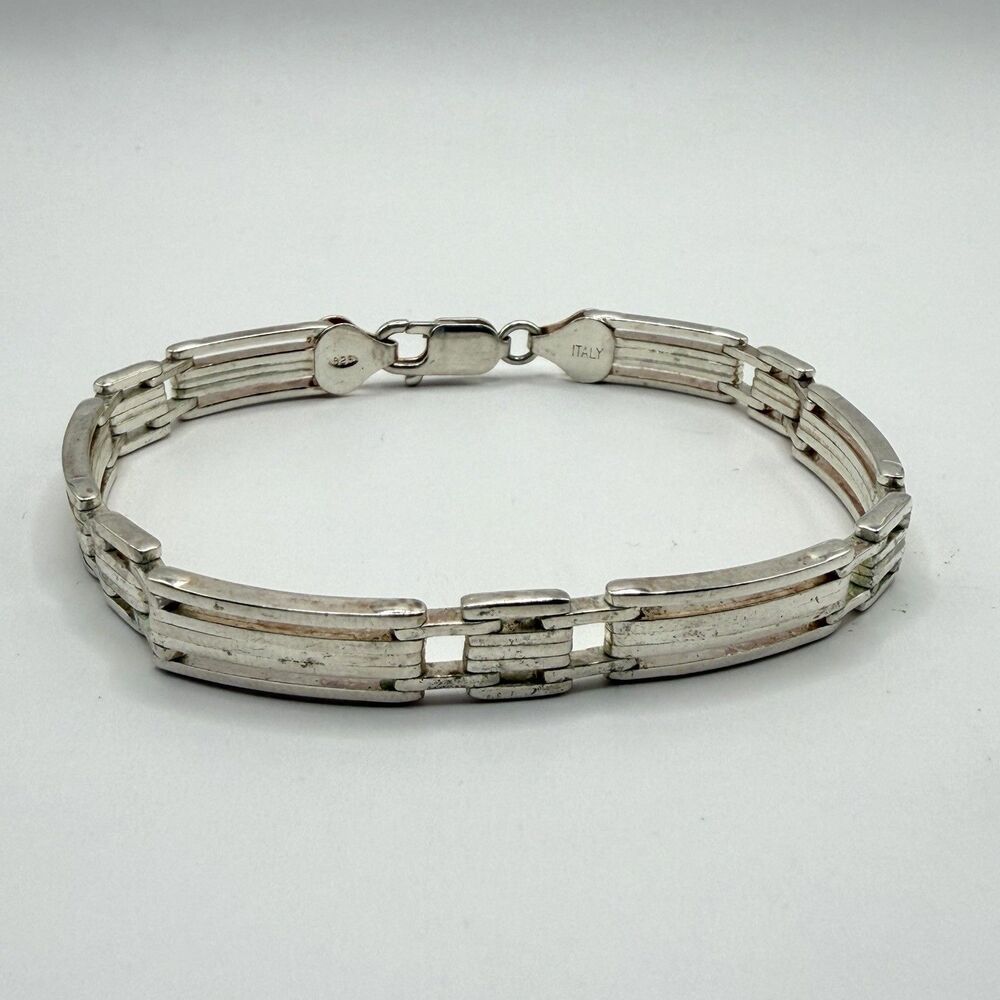 925 Italy Sterling Silver Wide Gate Link Bracelet 7" 16.7g Geometric